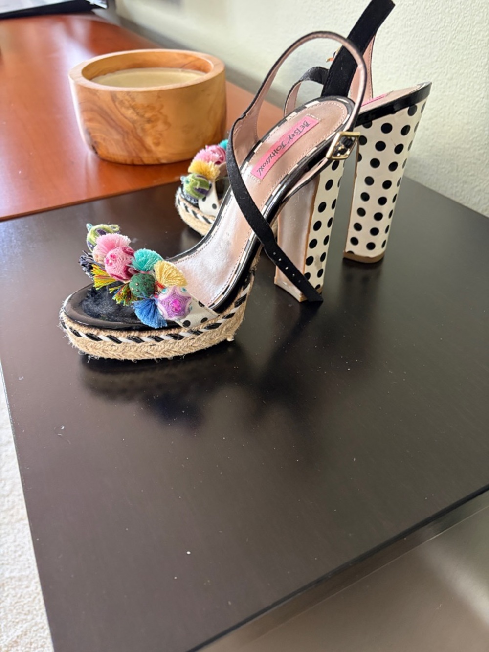 Betsey Johnson Black Polka Dot Pom Pom Platform Heels